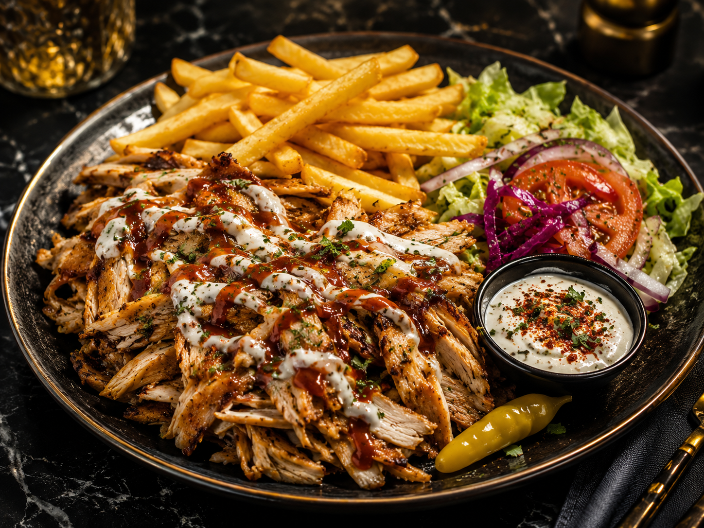 Kebabtallrik med pommes, sallad och sås