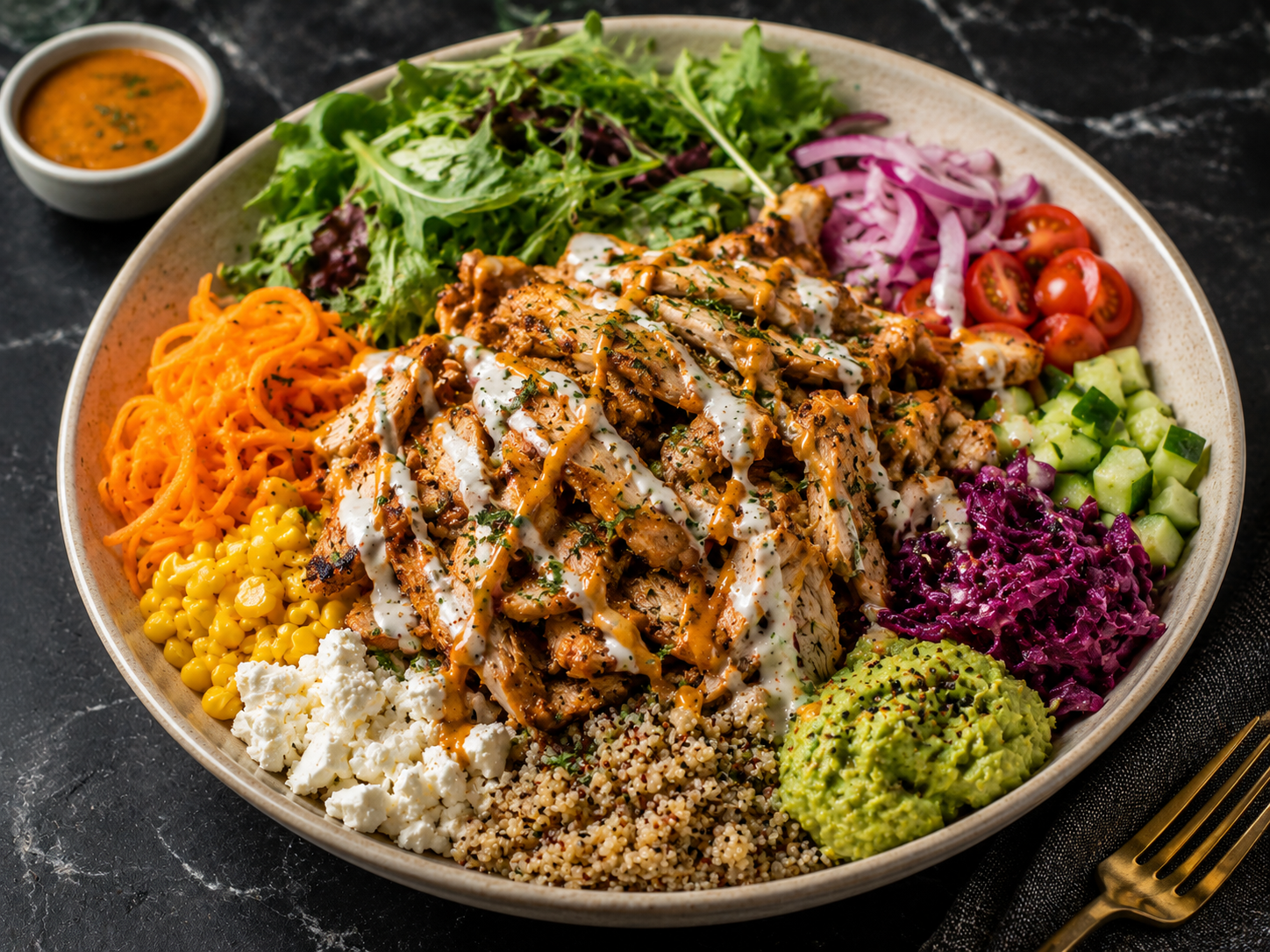 Kebabsallad med grönsaker och dressing